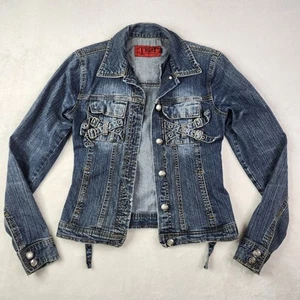 Tripp NYC Punk Denim Trucker Jacket Womens XS Biker Cross Buckles Y2K Emo - Picture 1 of 12