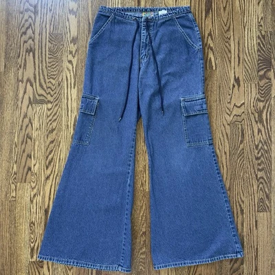 Pantalones de mezclilla cargo acampanados tiro bajo azul Y2K Paris talla 9 cintura con cordón retro de colección Foto 1 de 4