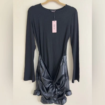 NWT MICAS Black Long Sleeve Gathered Faux Leather Bubble Edgy Skirt Dress Size L - Image 1 of 4
