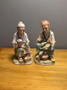 EIHO Grade A Japan Pair of Old Man & Woman Ceramic Figurines Bonsai Tree - Picture 1 of 24