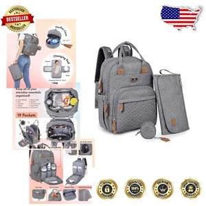 All-in-One Gray Diaper Bag Backpack with Stroller Straps & Insulated Pockets - Picture 1 of 9