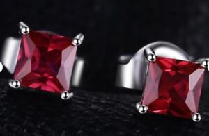 6mm Princess Simulated Ruby Unisex Solitaire Stud Earring 925 Silver
