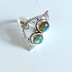 Vintage Zwei Steine Ring 925 Silber vergoldet natürlicher Labradorit Größe US 8,5 - Bild 1 von 3