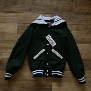 DeLONG Green Letterman Jacket Snap Front Wool Sleeves White Collar X-Small NWT - Picture 1 of 8