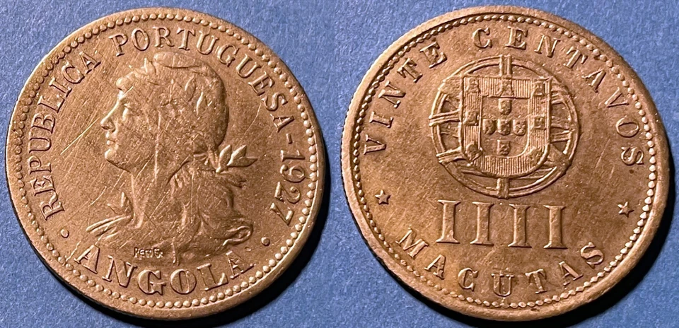 Angola 1927 20 Centavos-4 Macutas KM-68 Copper-nickel XF #95a - US Seller - Image 1 of 1