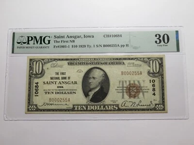 $10 1929 Saint Ansgar Iowa National Currency Bank Note Bill #10684 VF30 PMG St. - Image 1 of 4