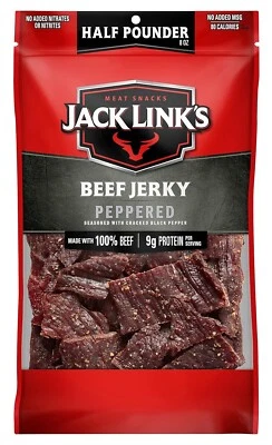 BRANDED Jack Link's Beef Jerky, Peppered, 1/2 Pounder Bag - Flavorful Meat Snack, 9g of