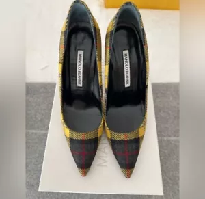 manolo blahnik bb pumps Yellow Black Checker Heel Size 5.5 - Picture 1 of 8