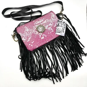 Borsa a tracolla Keep It Gypsy Fringe rosa pelle di serpente bufalo nichel accento - Foto 1 di 9