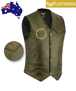 Men Biker Leather Vest Distressed Brown Classic Leather Waistcoat AUS Stock