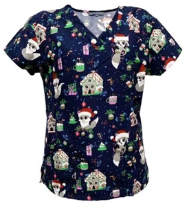 Women Halloween Christmas Medical Scrub Tops Navy Merry Foxmas XL - Picture 1 of 3