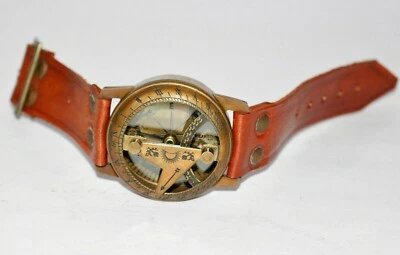 Compass Sundial Brass Watch Wrist Antique Vintage Nautical Leather Steampunk - Image 1 of 4