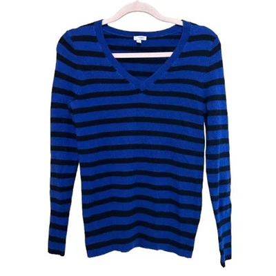 Halogen 100% Cashmere V Neck Sweater Blue Black Striped Pullover Classic Staple - Image 1 of 4