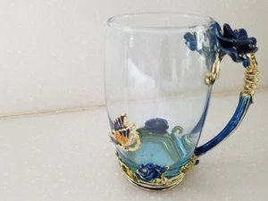Arc of France Clear Glass Blue Gold Metal Jeweled Mug Floral Butterfly Decor - Picture 1 of 7