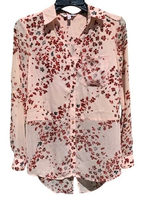 CANDIES Pink Sheer Blouse Sz XS Floral Long Sleeve Chiffon Copper Button Up Top - Image 1 of 4
