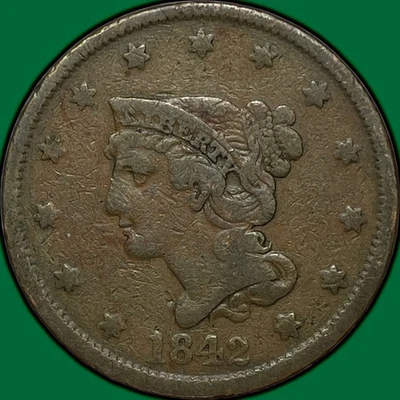 1842 Large Date Braided Hair Large Cent Very Fine VF Coin #29607 - Image 1 of 3