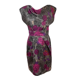 Vestido Lápiz Great Plains Talla S Gris y Rosa Floral Rosas Cuello Drapeado Mezcla de Algodón - Imagen 1 de 9