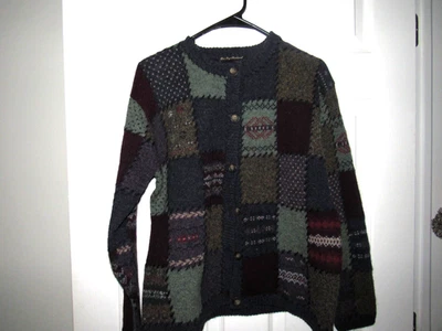 Vtg EDDIE BAUER LEGEND Women's Medium Deer Bay Patchwork Plaid Cardigan Sweater - Image 1 of 4