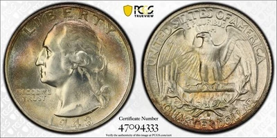 1948 S Washington Quarter - PCGS MS65 - Ultra RARO FS-901 SPITTING EAGLE Clash - Imagem 1 de 4