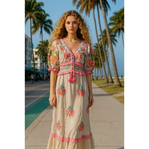 Nuevo con etiquetas Vestido Maxi Papa Pia Brillante Neón Floral Bordado S - Imagen 1 de 6