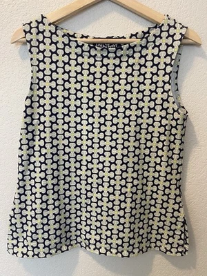 Lesley Evers Mujer Pequeño Azul Geométrico Aberturas Laterales Grueso Ponte Elástico Algodón Foto 1 de 4