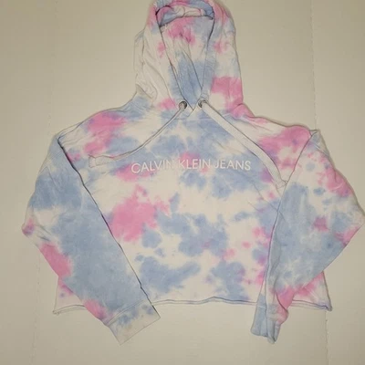 Calvin Klein Jeans Womens Size M Pink/Blue Tie Dye Pullover Logo Cropped Hoodie - Image 1 of 3