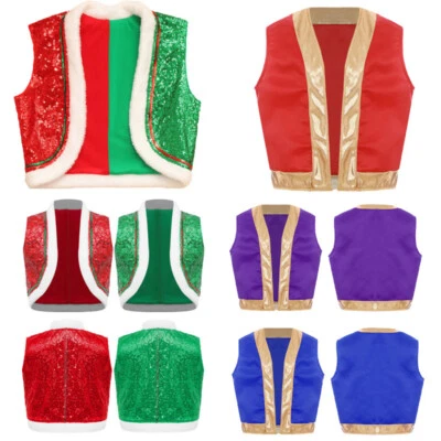 Kids Christmas Dance Costume Open Front Sequin Santa Elf Vest Performance Tops - Image 1 of 3