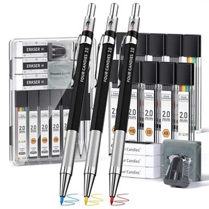 Mechanical Drawing Pencils 2mm 3 Pack 120 Graphite Leads HB 2H 2B 4B Eraser - Picture 1 of 2