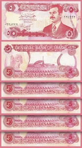 Iraq 5 Dinars 1992, UNC, 5 Pcs LOT, P-80, With Saddam Hussein - Picture 1 of 4