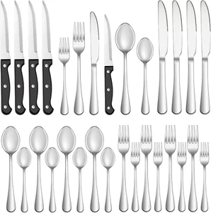 24 Pcs Silverware Set with Steak Knives Service for 4,Stainless Steel Flatware S - Picture 1 of 12