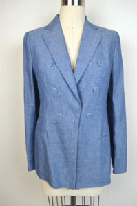 AKRIS Riviera Blue Herringbone Linen Double Button Front Blazer Coat Jacket 10 - Picture 1 of 7
