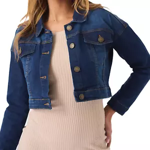 Jmojo Denim Jacket Womens Mid Blue Wash Jean Jackets Ladies Cropped Coat UK Size - Picture 1 of 14