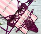 Victoria's Secret Bra Set Leaf Embroidery Open Demi Cup Ring Thong Fuchsia