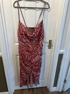 PRETTYLITTLETHING RED PINK MARBLE STRAPPY RUCHED BODYCON COWL NECK DRESS Size 26 - Picture 1 of 2