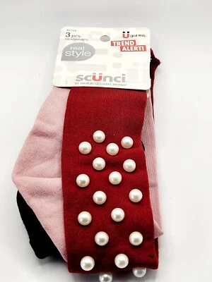 3 pcs Scunci Real Style Headwrap~ Black ,Pink,and Burgundy w/Faux Pearls - Image 1 of 4