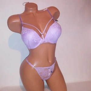 Victoria Secret Bra Set 32D Bombshell Push Up Small Panty V String Purple Mesh - Picture 1 of 11