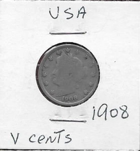 USA V CENTS 1908 WITH CENTS,LIBERTY HEAD LEFT,WITHIN CIRCLE OF STARS,DATE BELOW, - Picture 1 of 2