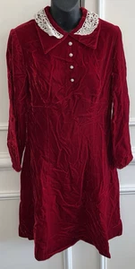 Vintage rotes Samt Langarm Kleid weiß Spitzenkragen Teena Paige Med (lesen) - Bild 1 von 10