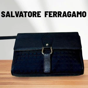 Ferragamo Second Clutch Bag Gancini Leather Black Canvas W30×H18.5×H5 - Picture 1 of 12