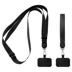 Smycze telefoniczne, 55" regulowany pasek na szyję crossbody z naszywką, czarne - Zdjęcie 1 z 6