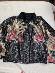 Chaqueta Bomber Vintage Para Mujer Reversible Floral Satinado Negra Cremallera Completa A Presión - Imagen 1 de 11