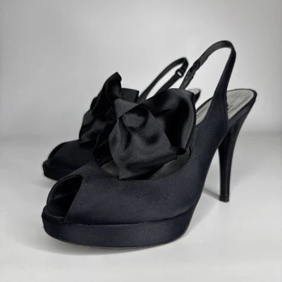 Tacones de plataforma STUART WEITZMAN Dorthy negros satinados punta abierta talla 8,5 Foto 1 de 4