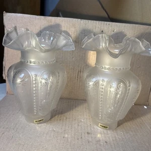 Pair Of VINTAGE ETCHED SATIN GLASS FLORAL LAMP SHADES FLUTED RIM 9.5 in. height. - Picture 1 of 13