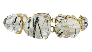 Retro Cabochon Tourmalinated Rock Crystal Quartz 14k Gold Link Bracelet 7" - Picture 1 of 12