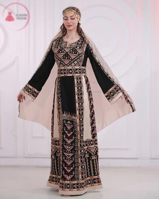 Vestido Thobe bordado para mujer palestina Tatreez mangas anchas con velo bufanda Foto 1 de 4