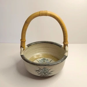 Vintage Stoneware Pottery Basket Bowl Bamboo Handle Artist Signed Floral Irises - Picture 1 of 8