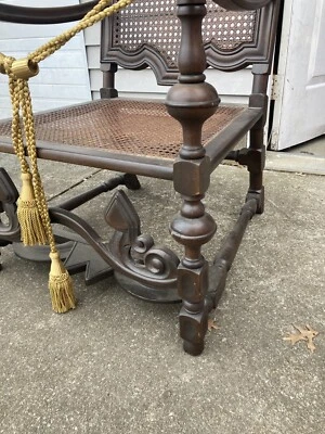 Antique French Victorian Throne High Back Cane Chair Arm Carved Dark Oak 19th C - Image 1 of 4