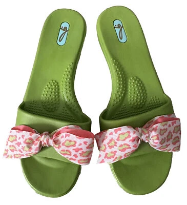 OKA Bee Green Slides Slip On Sandals Rubber Pink Polka Dot Bows Womens Sz M/L - Image 1 of 4