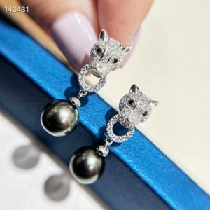 New Gorgeous AAAA 9-10mm Round South Sea Black Green Pearl Earring 925s - Picture 1 of 1