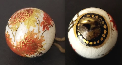 Antique Japanese Ceramic Satsuma BALL Button Orange & Yellow Maple Leaves Cover